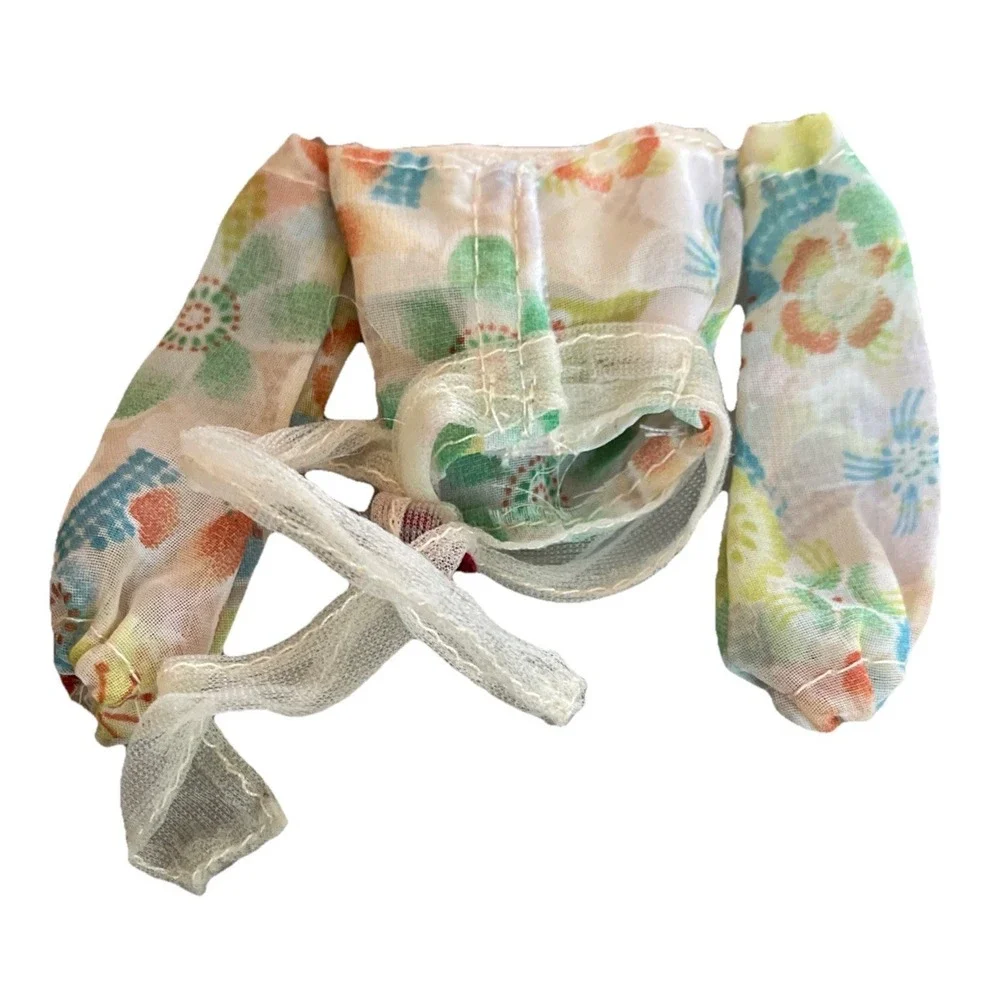 Vintage Barbie Top Drop Shoulder Sheer Bow And Waist Tie Flowers